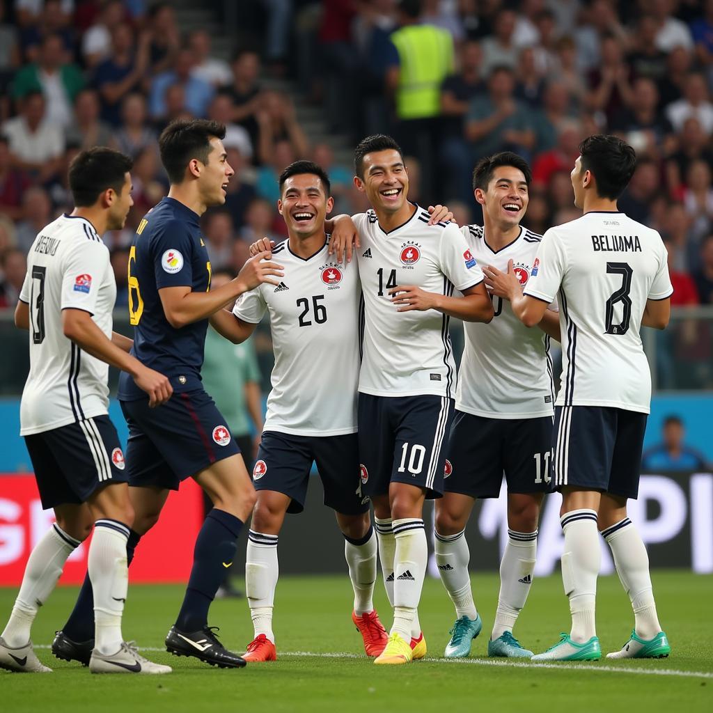 Japanese players celebrate a goal against Belgium