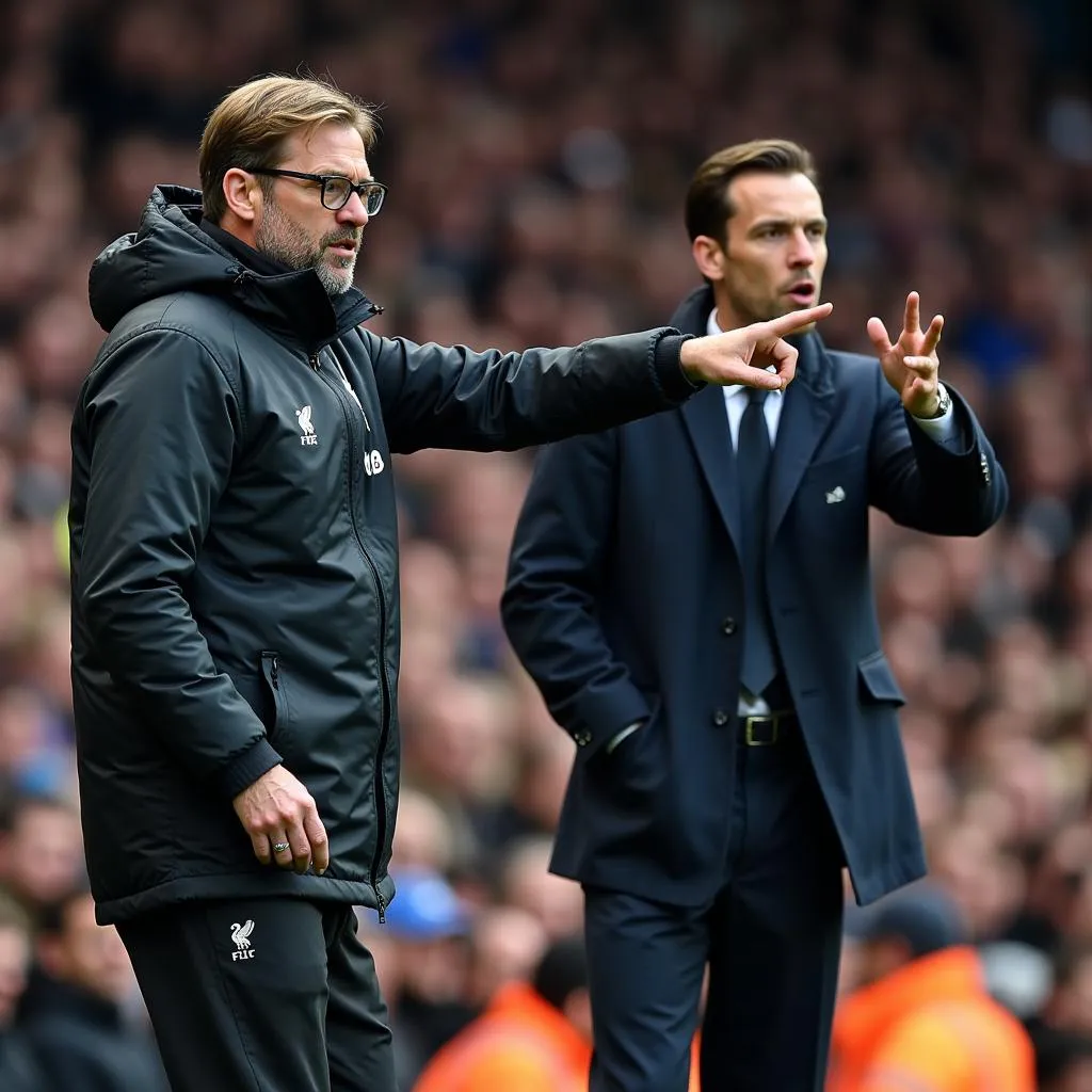 Huấn luyện viên Jurgen Klopp và Thomas Tuchel chỉ đạo chiến thuật bên đường biên