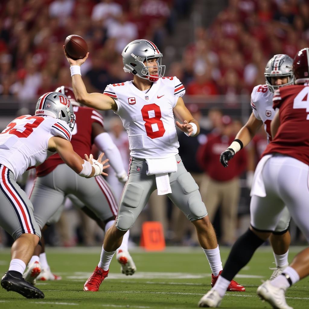 Justin Fields throws a pass during the 2021 College Football Playoff National Championship game