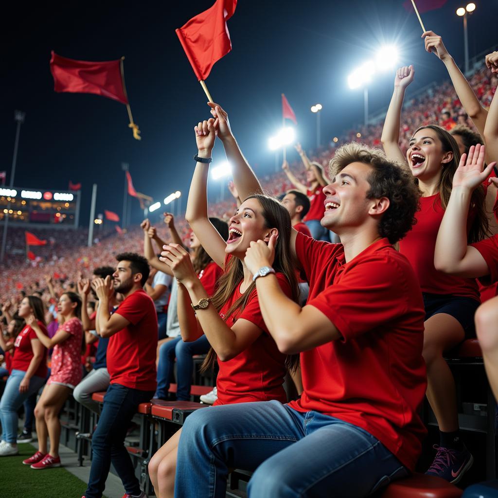 Enthusiastic college football fans cheering in the stadium