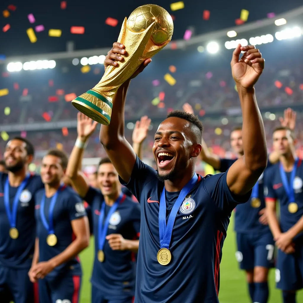 Kylian Mbappé ăn mừng với chiếc cúp vô địch World Cup