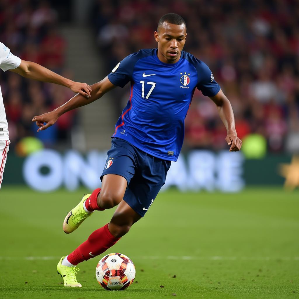 Kylian Mbappe dribbling past a defender