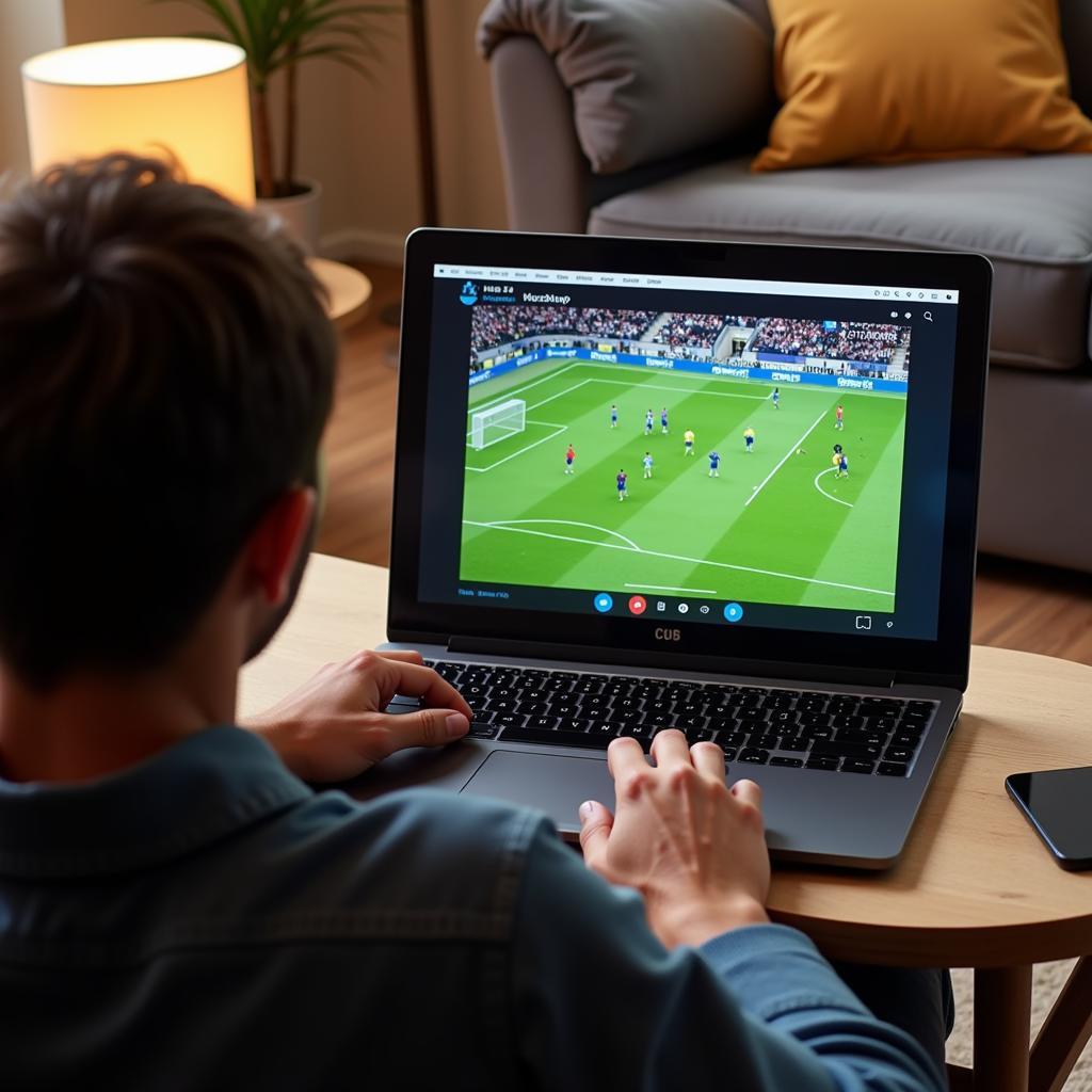 A person watching a football match on their laptop through a legal streaming platform.