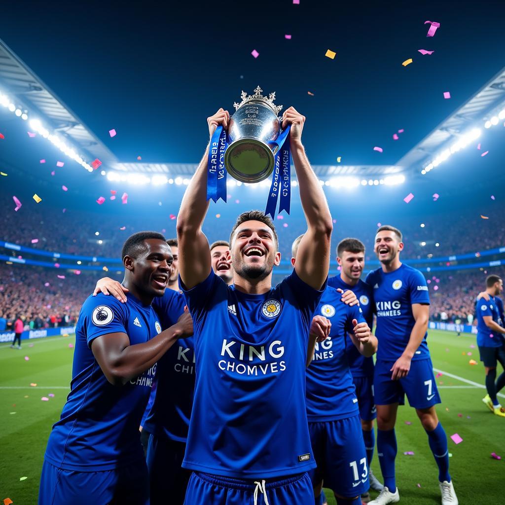 Leicester City players celebrating with the Premier League trophy