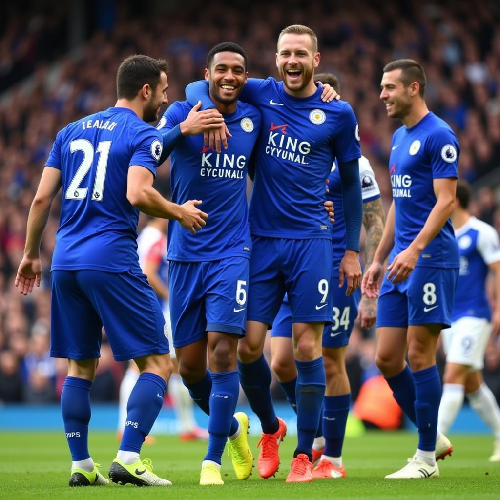 Leicester City players celebrate a goal