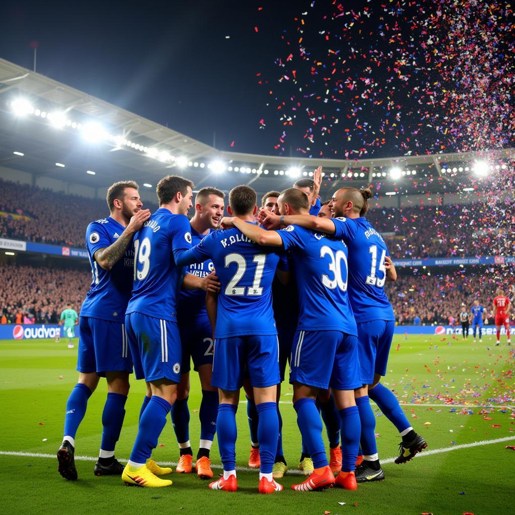 Leicester City players celebrating their Championship title win