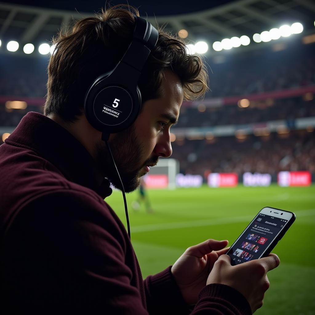 A person listening to 5 Live Football commentary on their phone