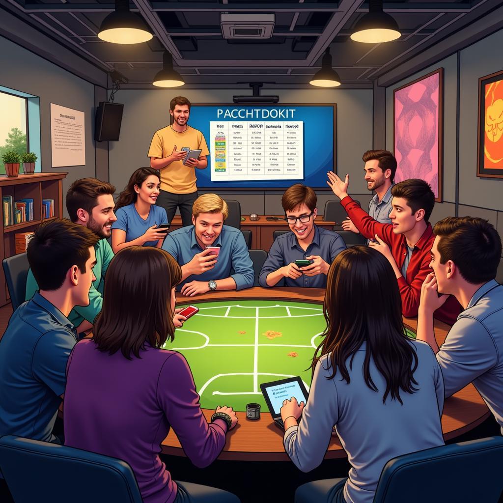 A group of friends gathered around a table, excitedly drafting their fantasy football teams