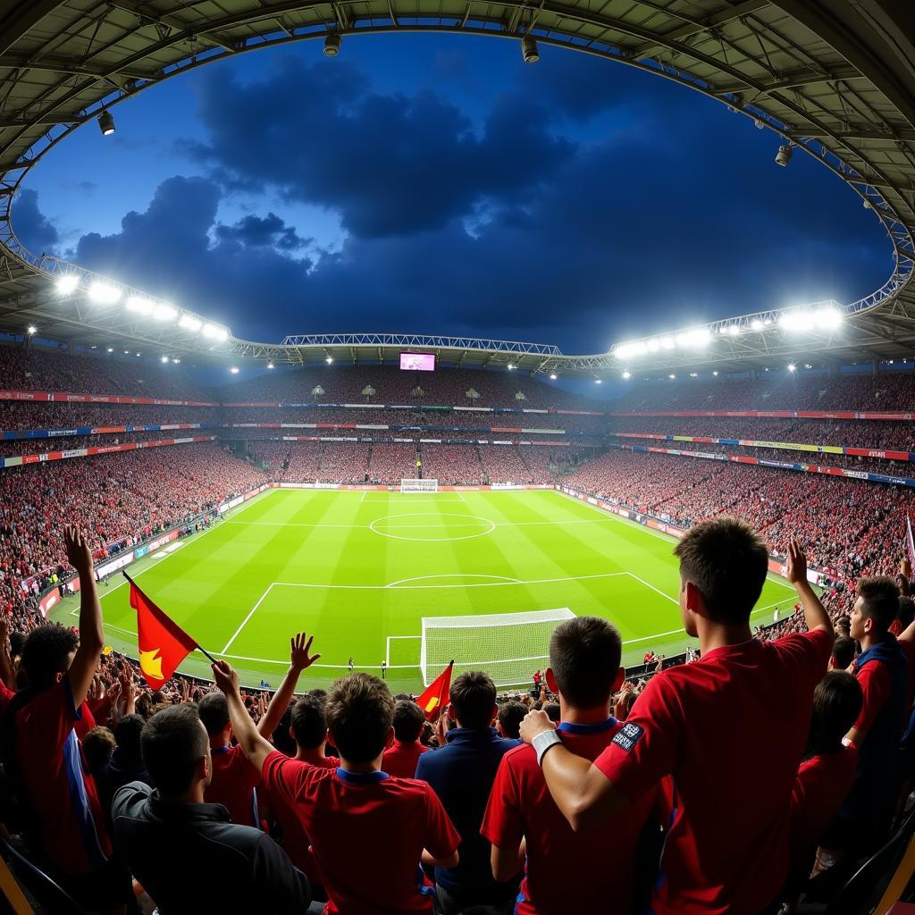 Fans cheering in a packed stadium