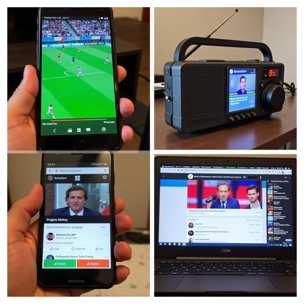 Various devices showcasing live football commentary options