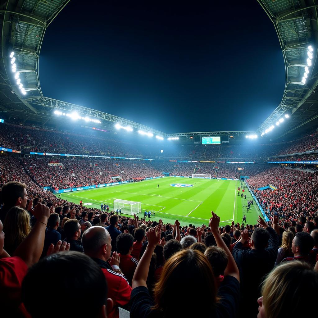 Fans cheering in a packed football stadium