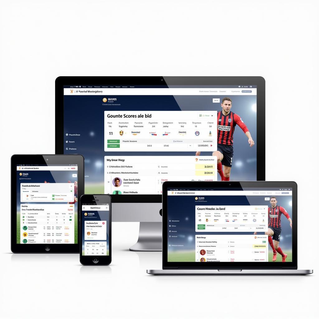 Live football score website displayed on multiple devices, including a laptop, tablet, and smartphone