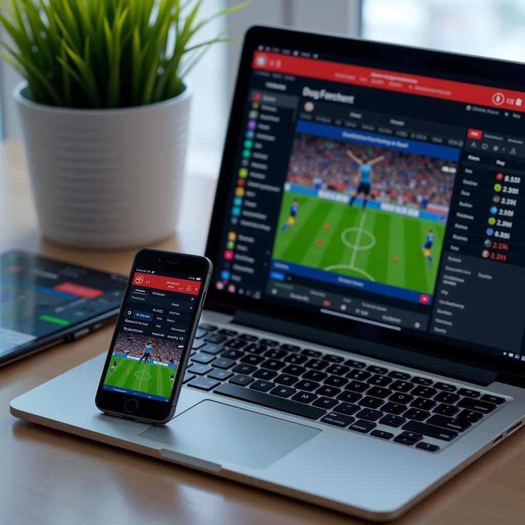 Live football scores displayed on multiple devices - laptop, phone, and tablet.