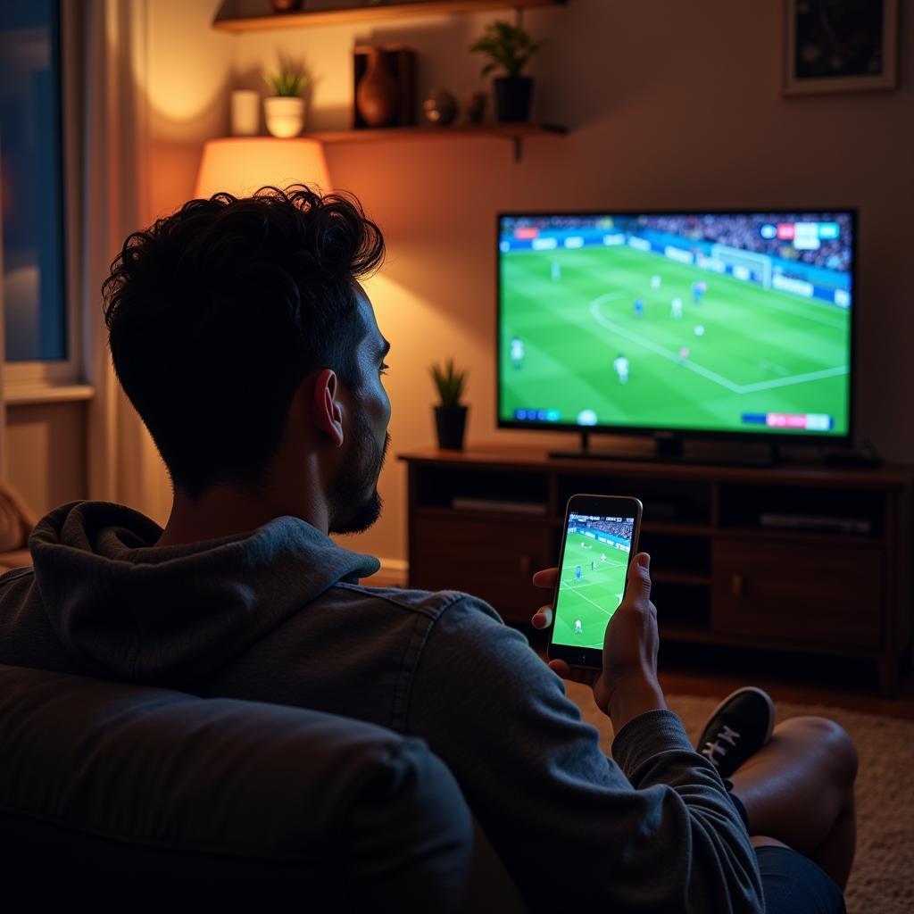 Man watching live football stream on phone