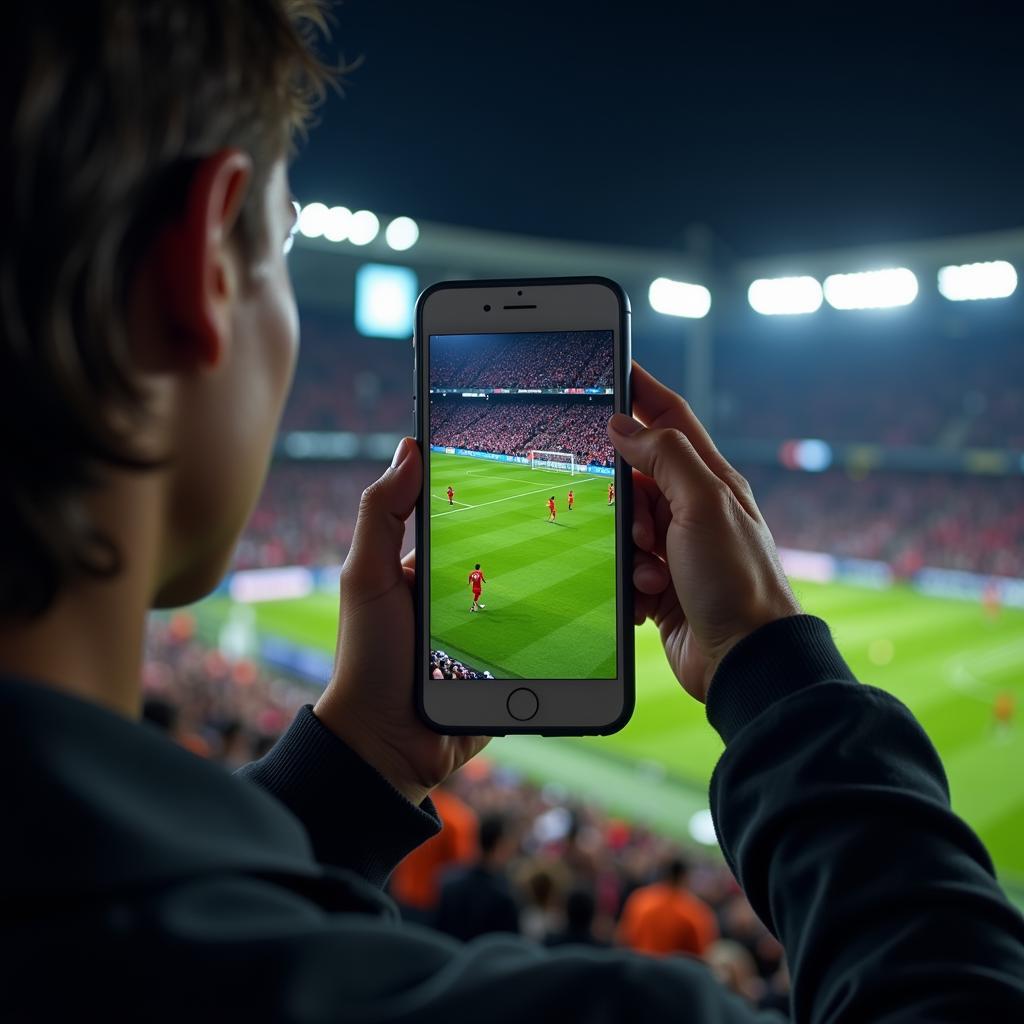 Fan watching live football streaming on phone