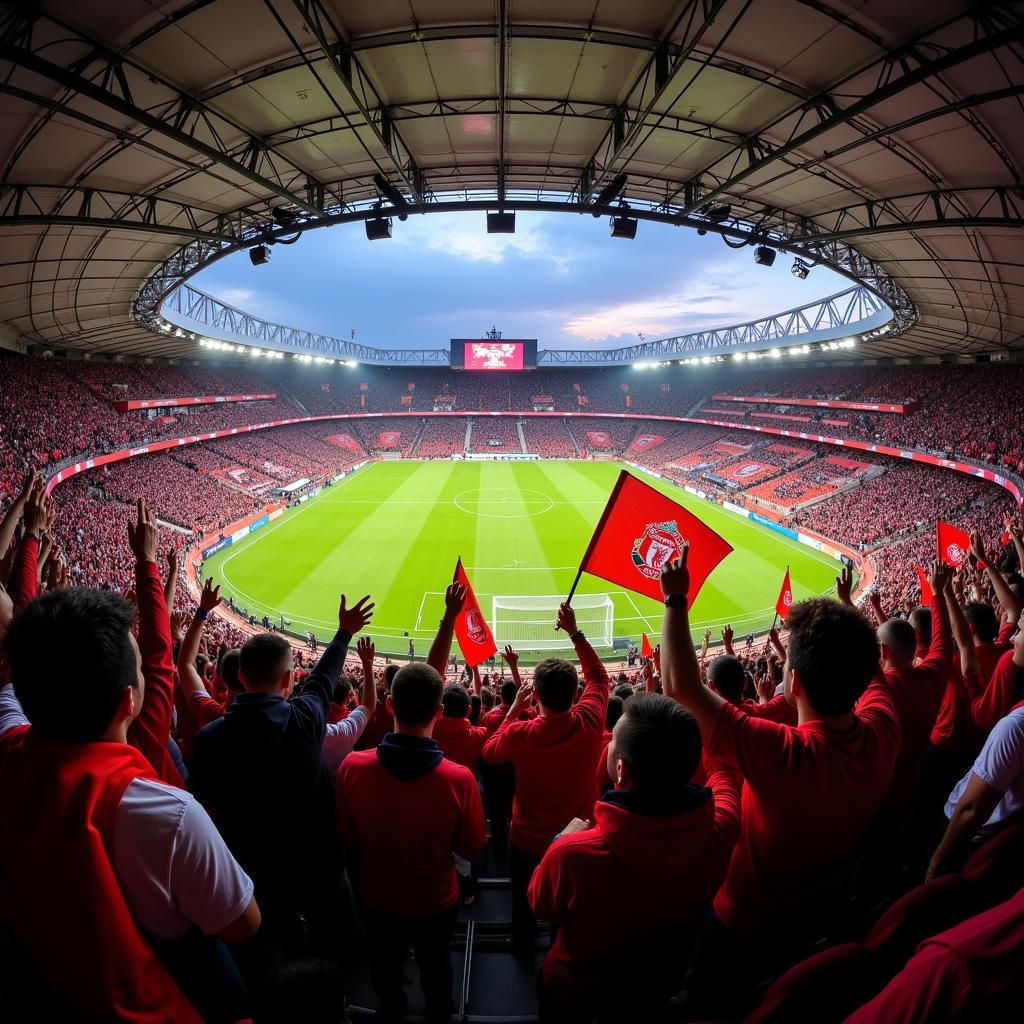 Fans cheering in a packed stadium