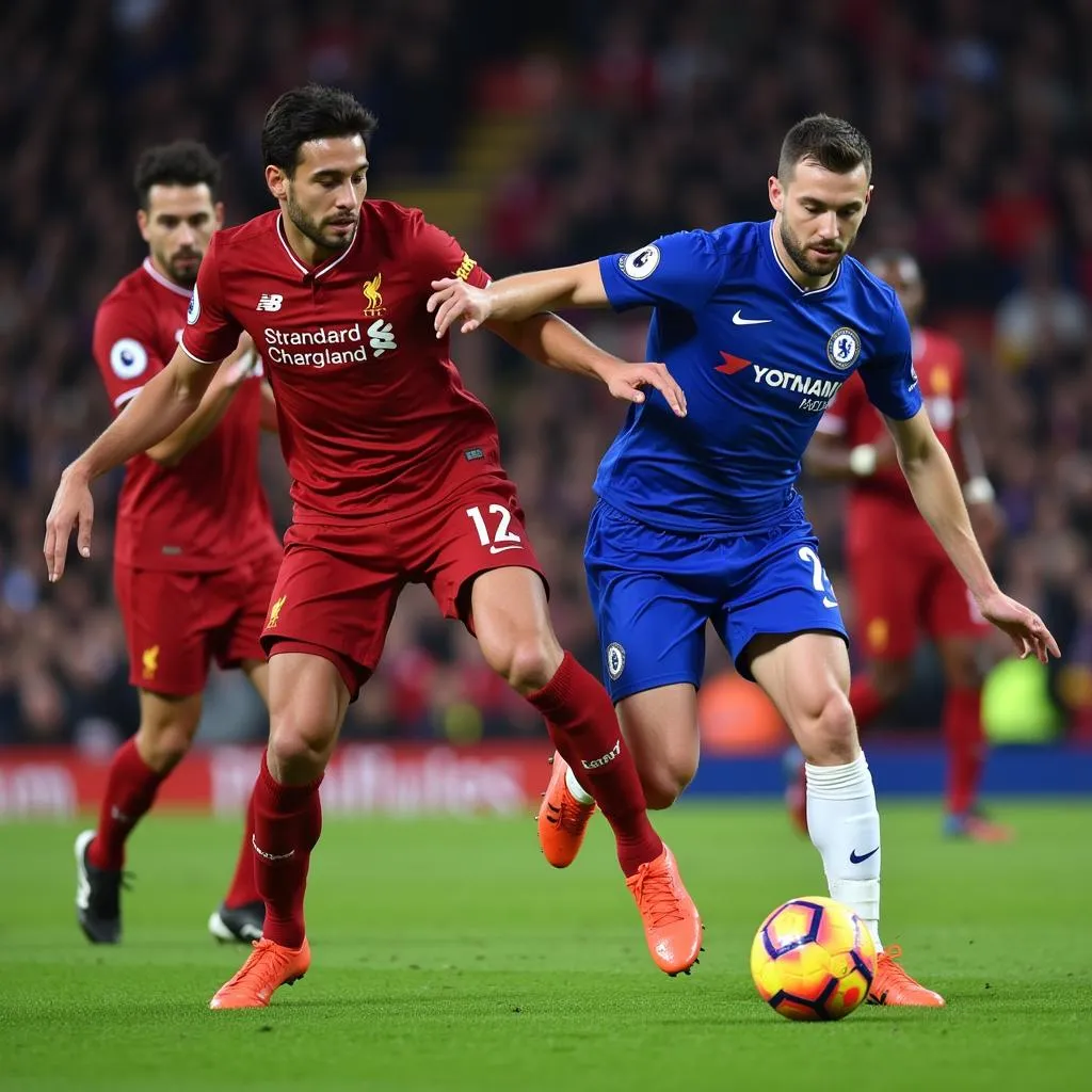 Cầu thủ Liverpool và Chelsea tranh bóng quyết liệt trên sân Anfield