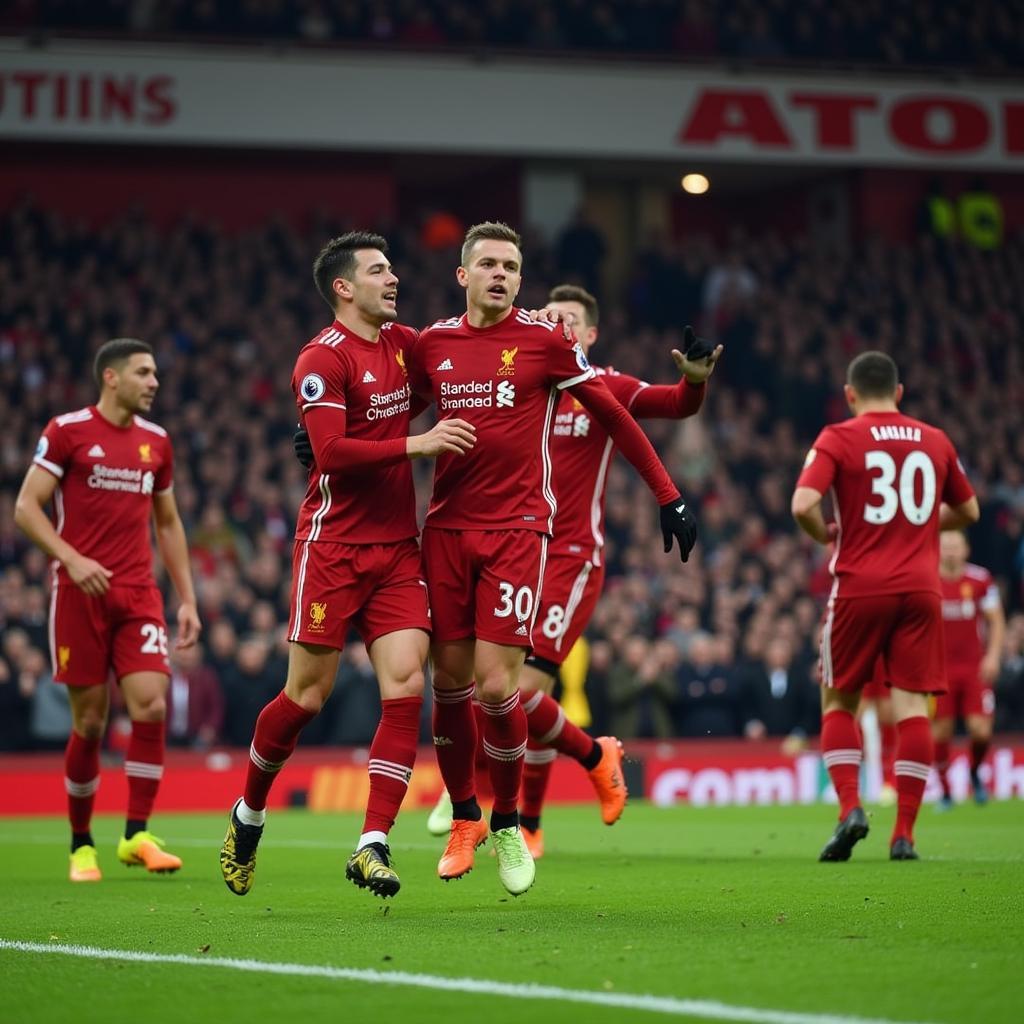 Liverpool players celebrating a goal against Manchester United