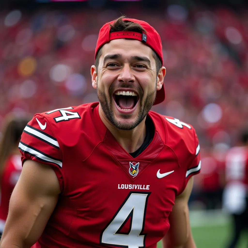 Louisville Cardinals football fan celebrating a touchdown