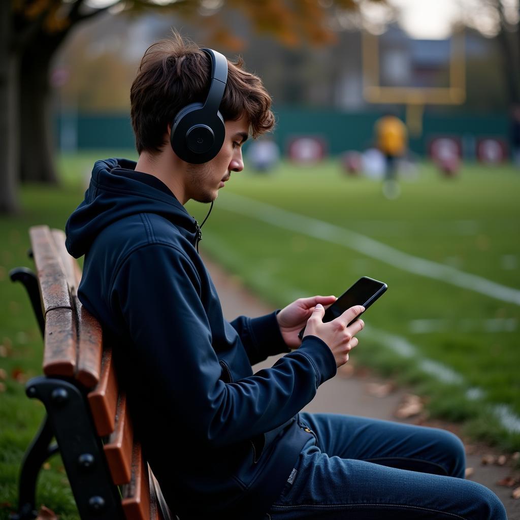 Man enjoying a football match on his phone with headphones