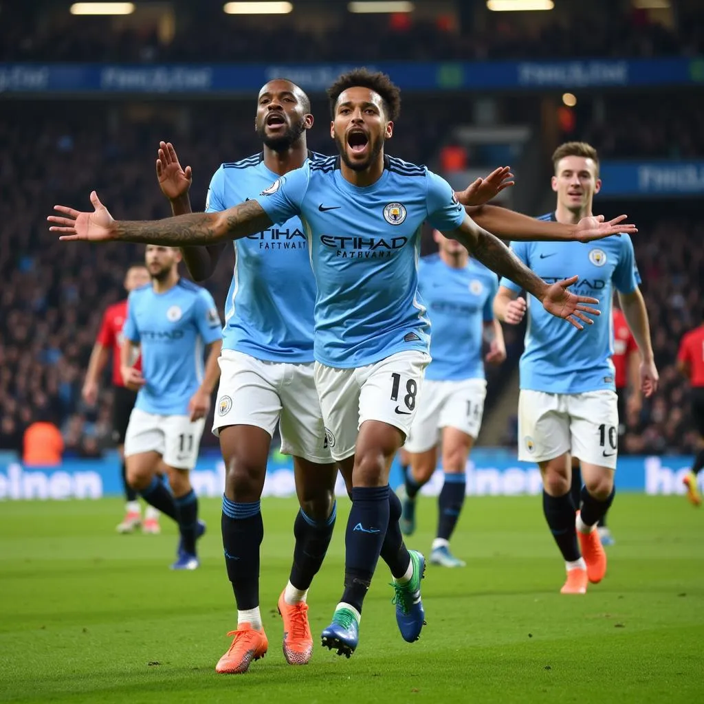 Manchester City Players Celebrating at Etihad Stadium