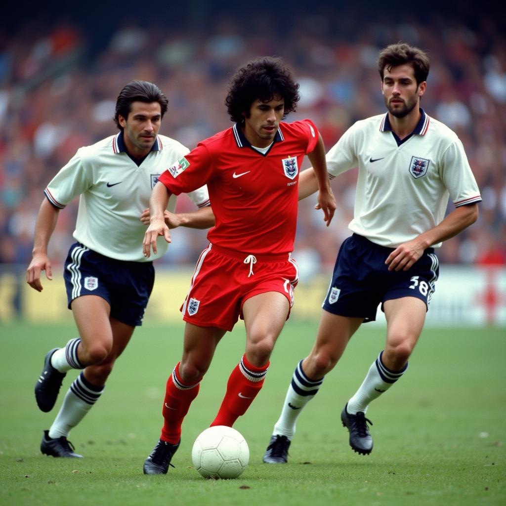 Diego Maradona evades English defenders during the 1986 World Cup