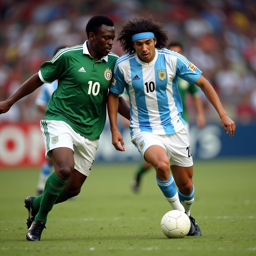 Diego Maradona leading the Argentinian team against Nigeria in a World Cup match