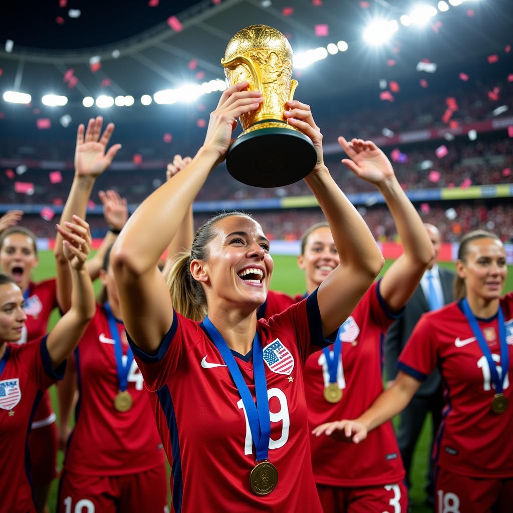 Megan Rapinoe celebrates with the World Cup trophy