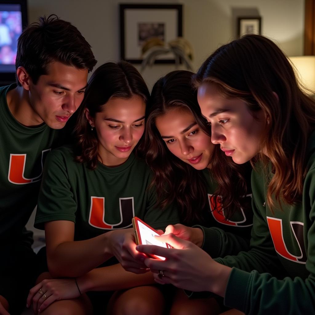 Fans Huddled Around a Phone Watching a Miami Hurricanes Live Stream