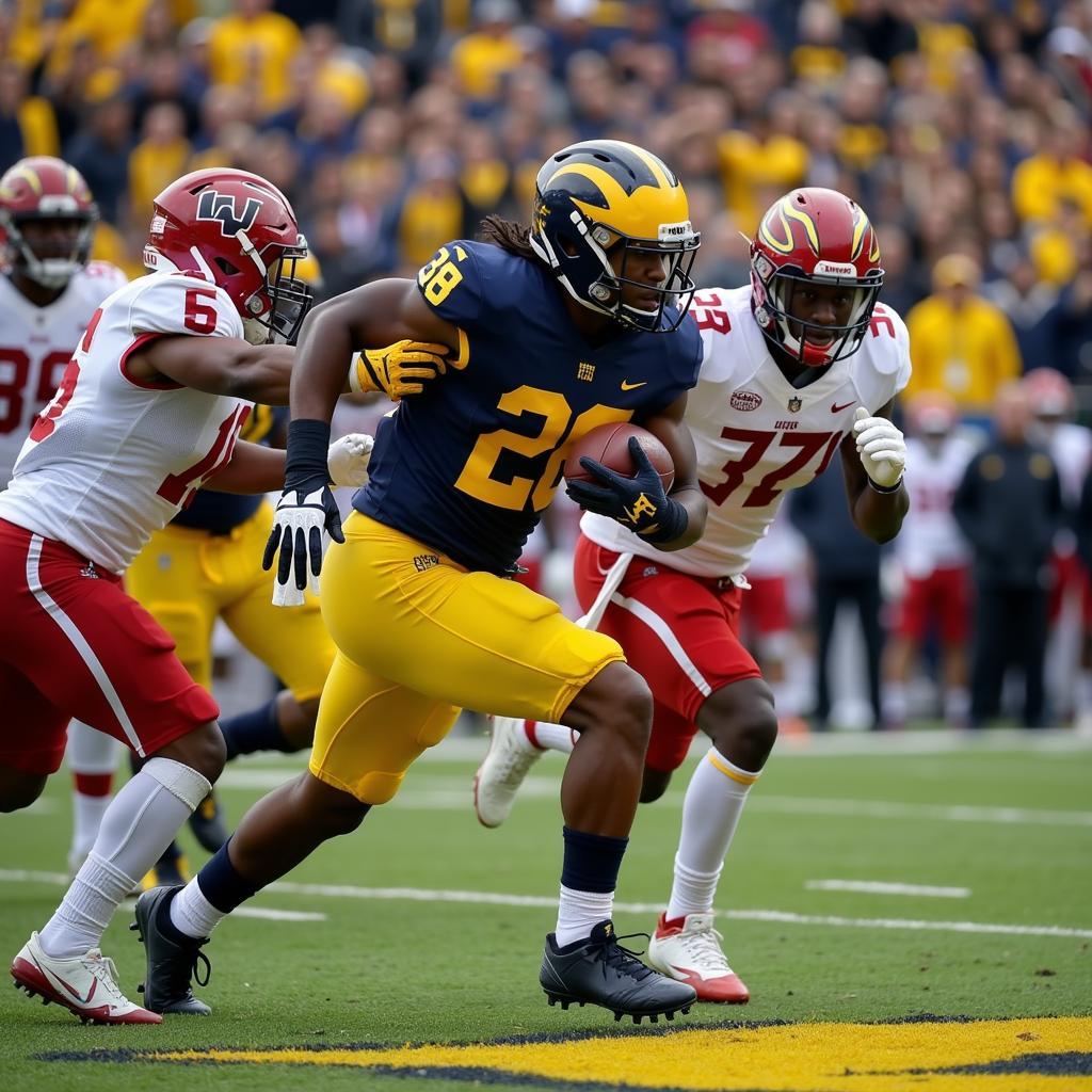 Michigan Football Game Live Action: A player runs with the ball while being tackled by two opposing players in a packed stadium