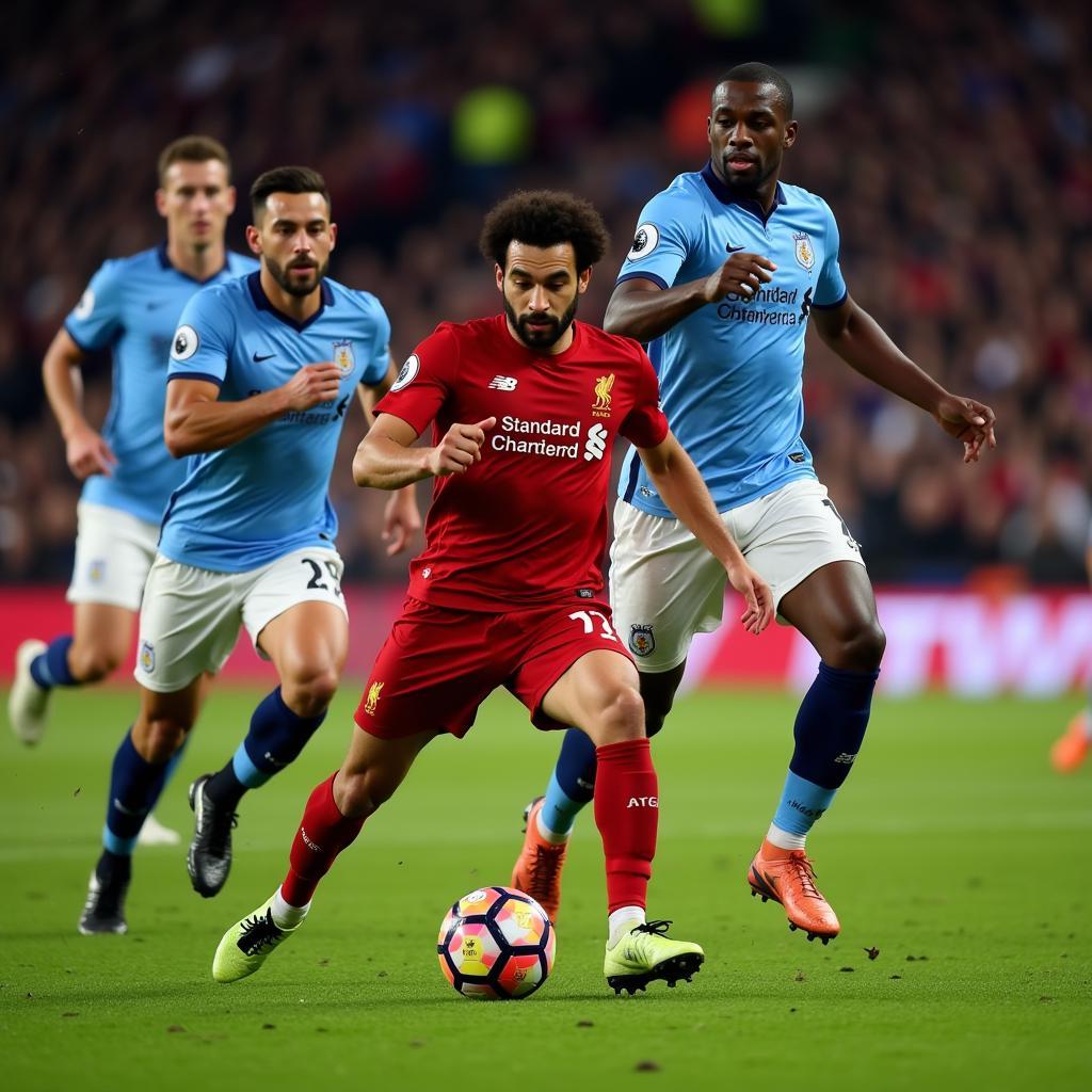 Mo Salah dribbling past defenders