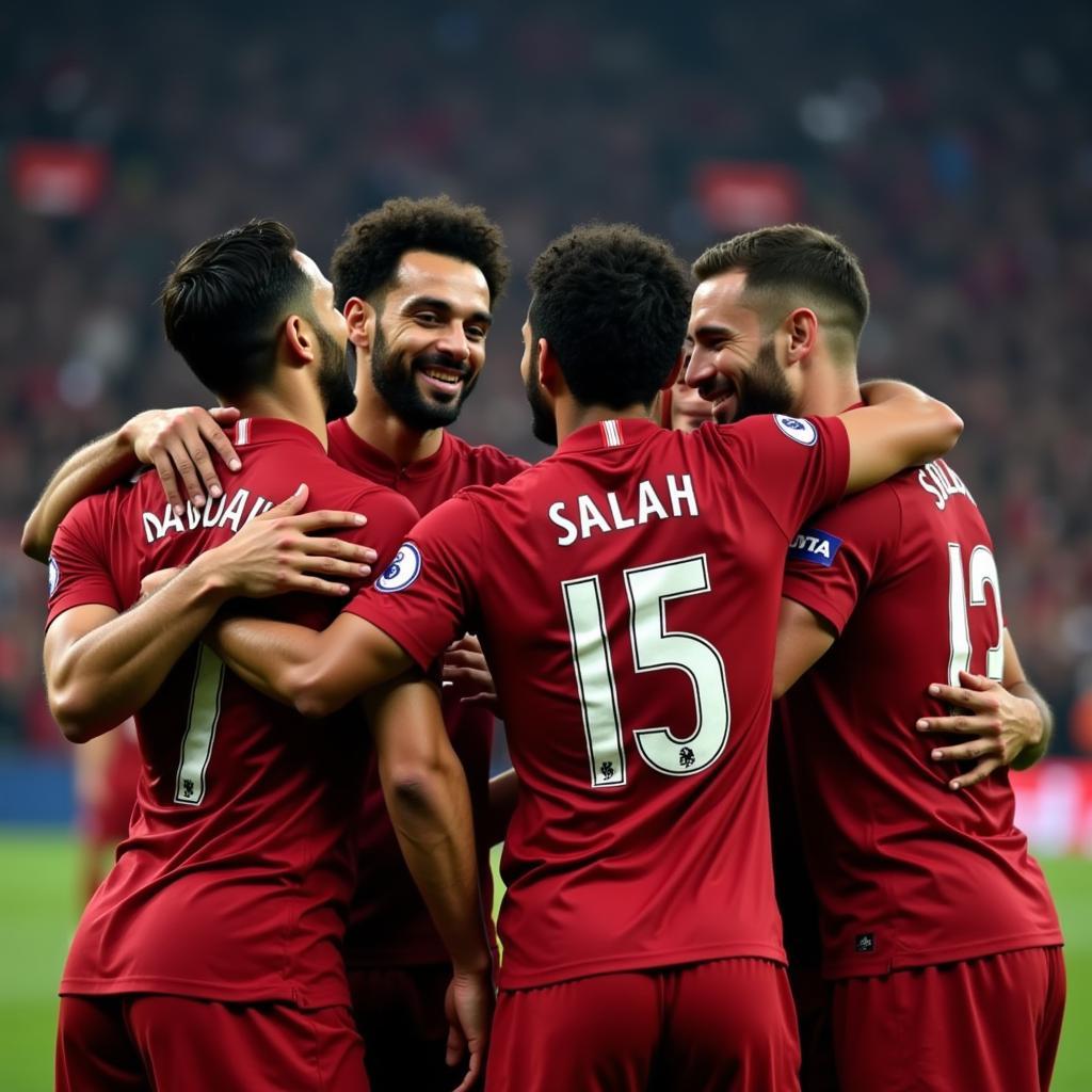 Mohamed Salah ăn mừng chiến thắng cùng đồng đội