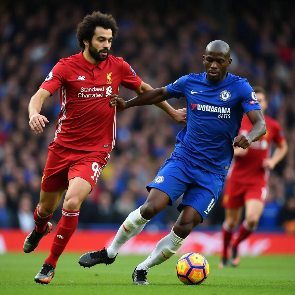 Mohamed Salah và N'Golo Kanté tranh bóng quyết liệt