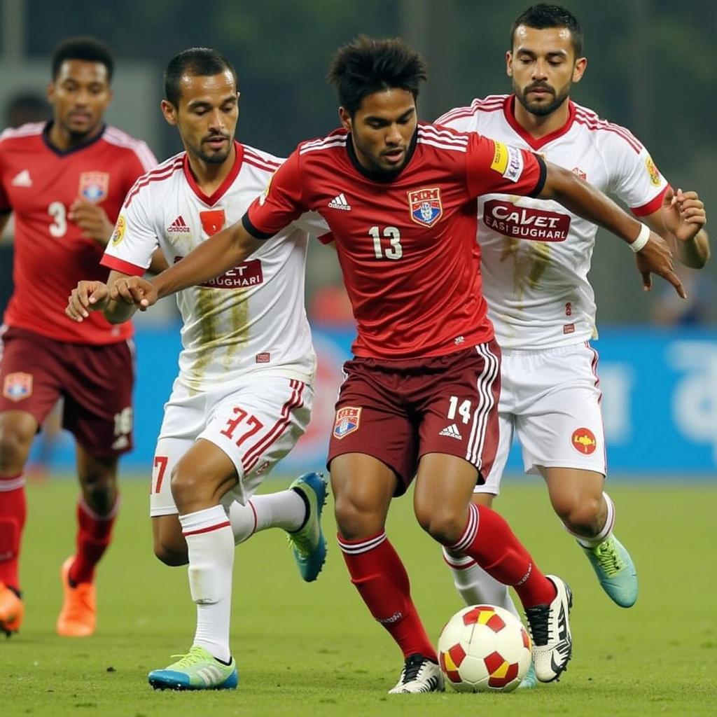 Mohun Bagan and East Bengal players battling for possession during a CFL 2015 derby