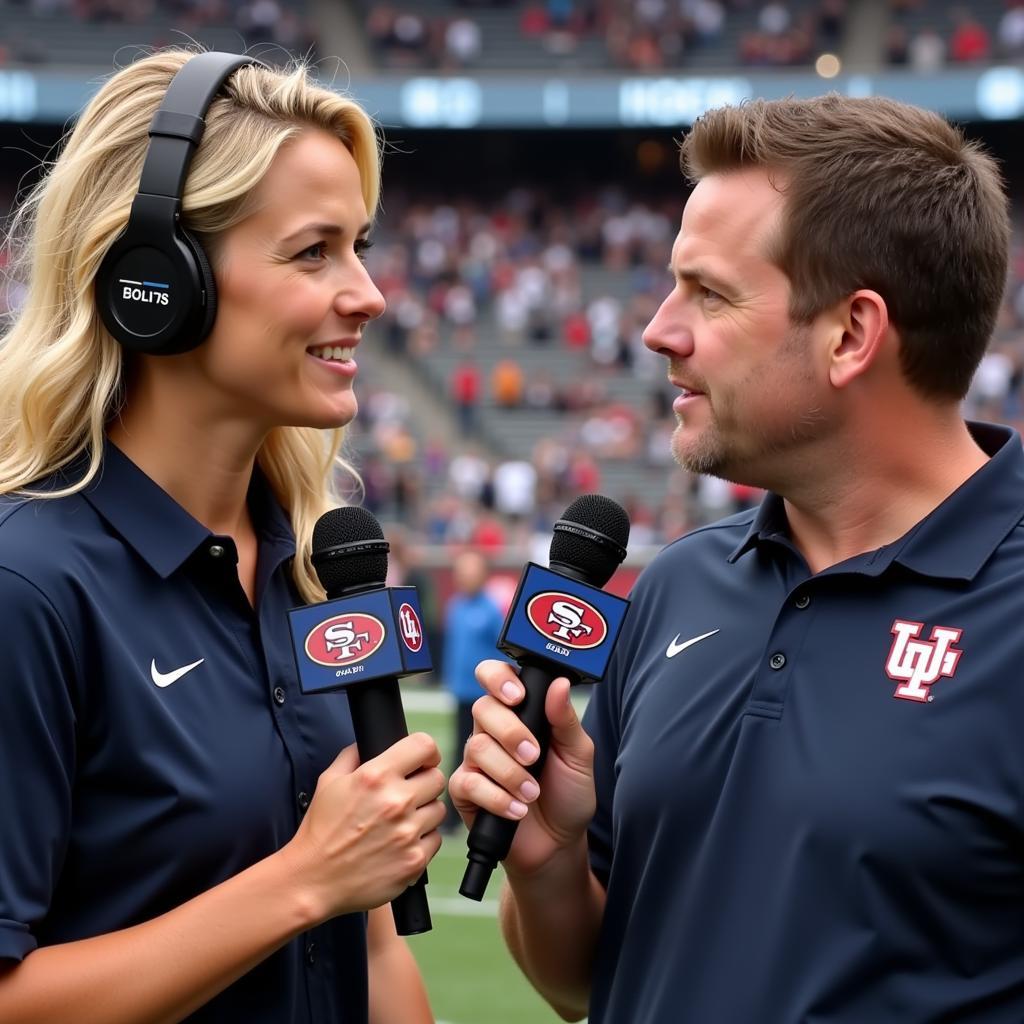 Molly McGrath interviewing a college football coach