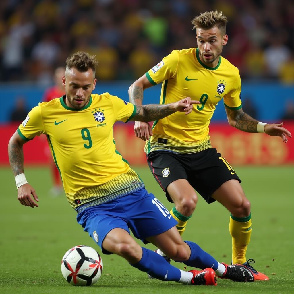 Neymar Jr. and Joshua Kimmich battling for possession in a match.