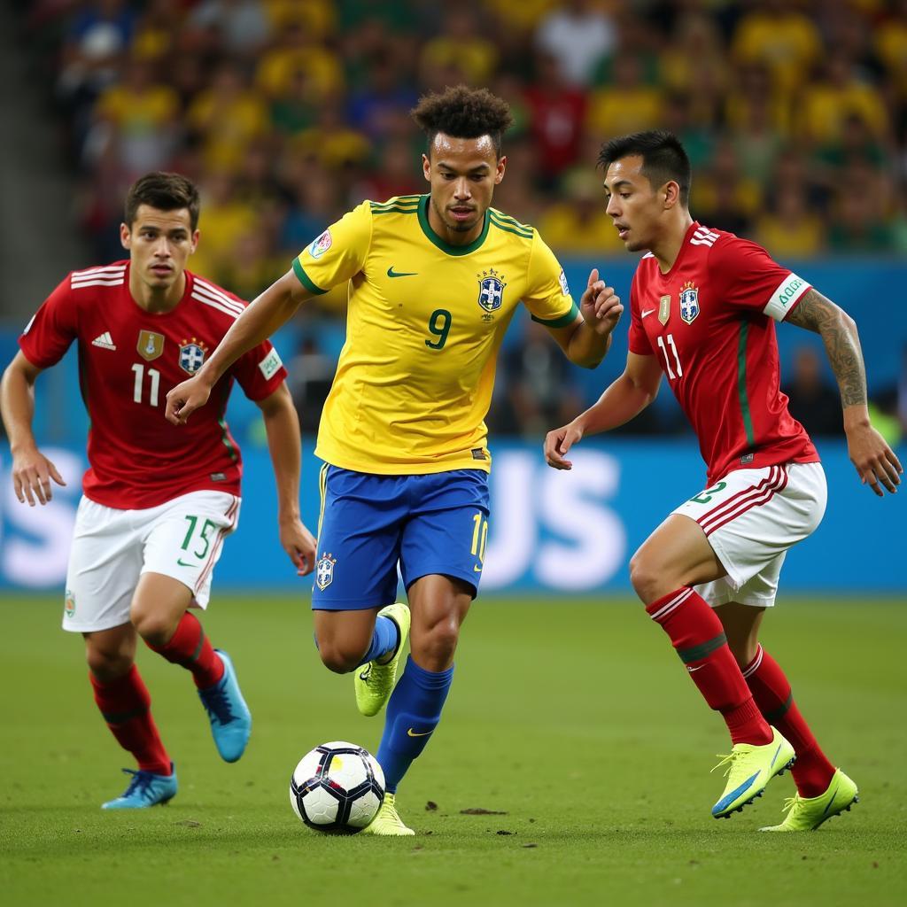 Neymar dribbling past Mexican defenders in the 2018 World Cup