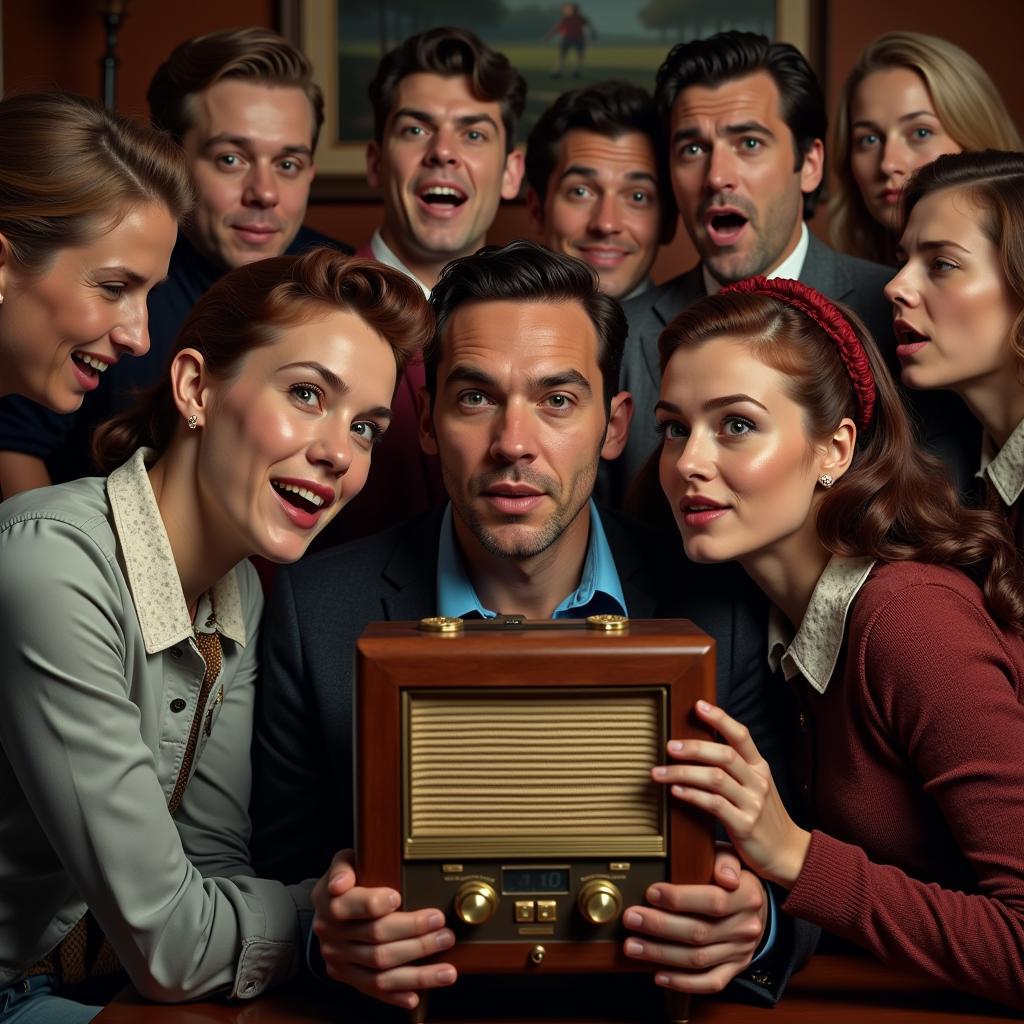 People listening to football on vintage radio