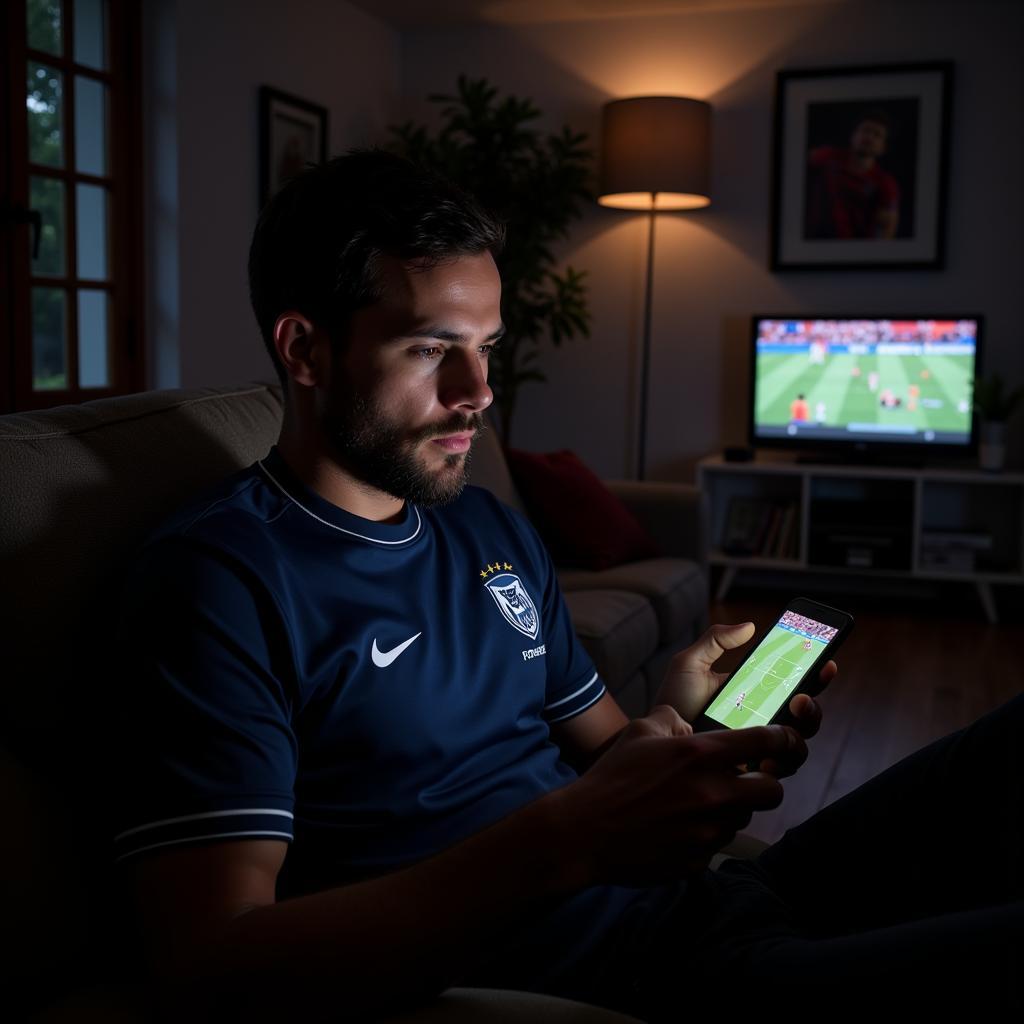 A man enjoying live football streaming on his phone