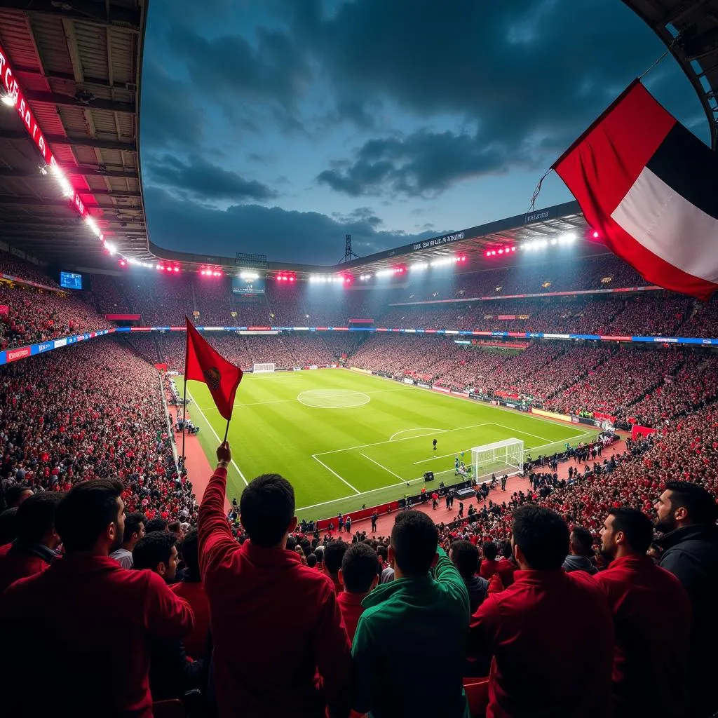 Arab football fans excitedly waving flags and cheering in a packed stadium