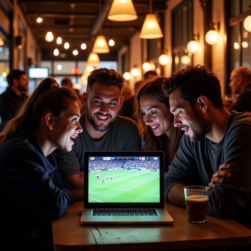 Football fans watching live scores at a cafe