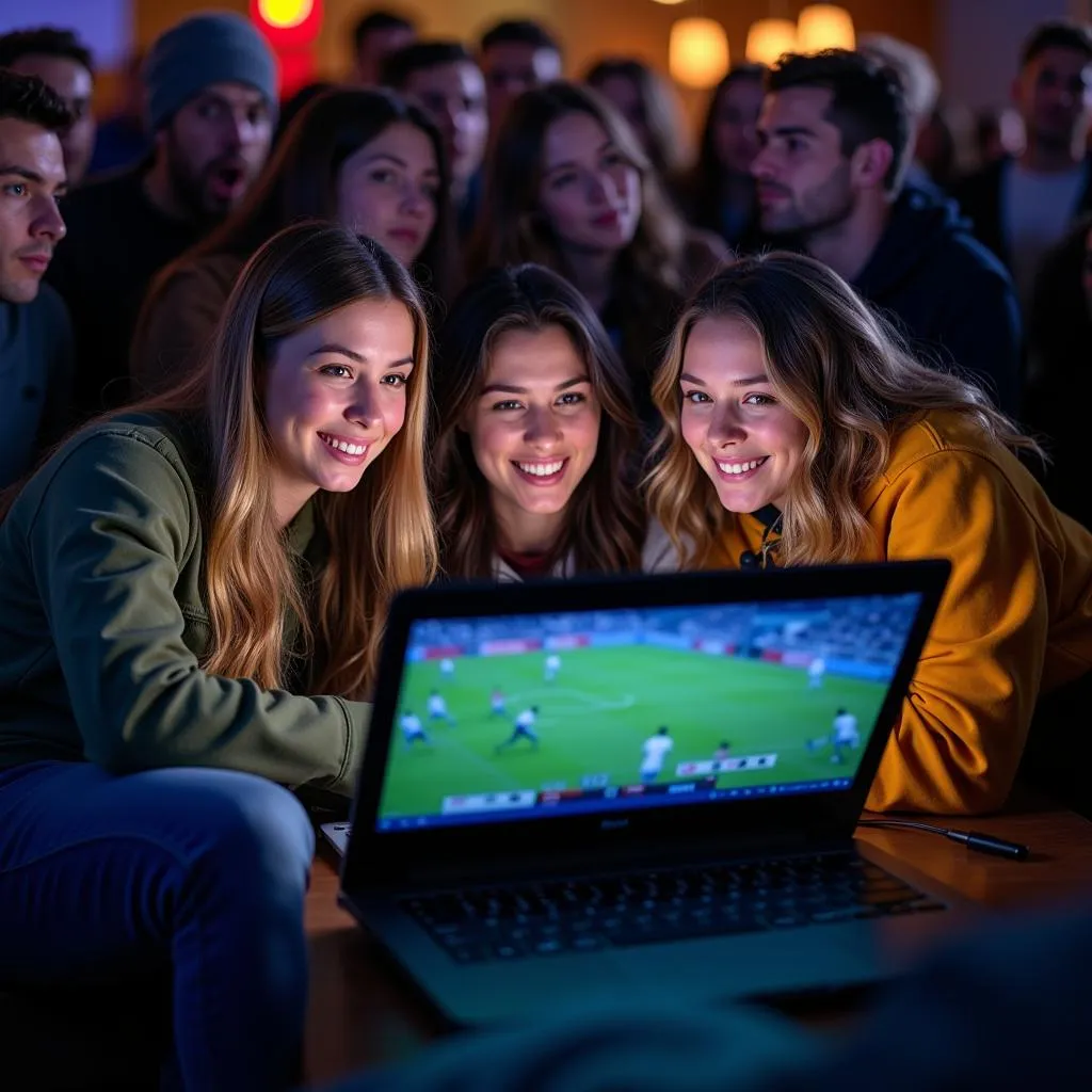 Fans watching football on laptop