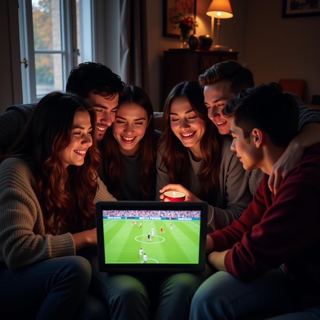 Football fans watch a live game on their devices