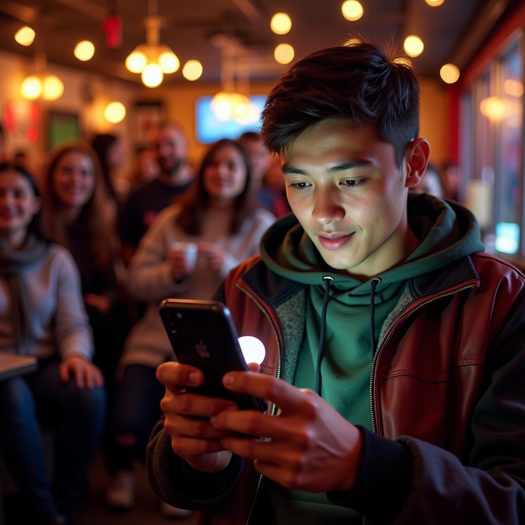 Football fan watching live stream on phone