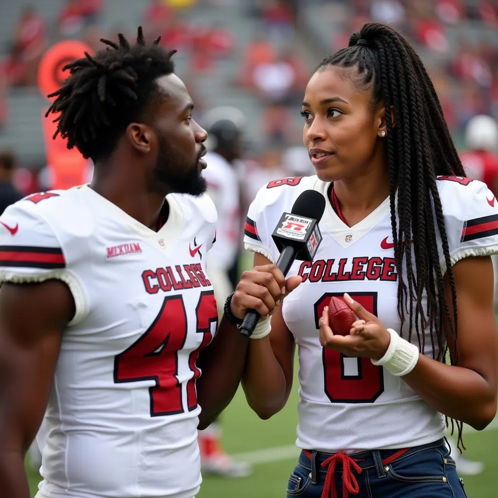 Black female sports reporter interviewing a college football player