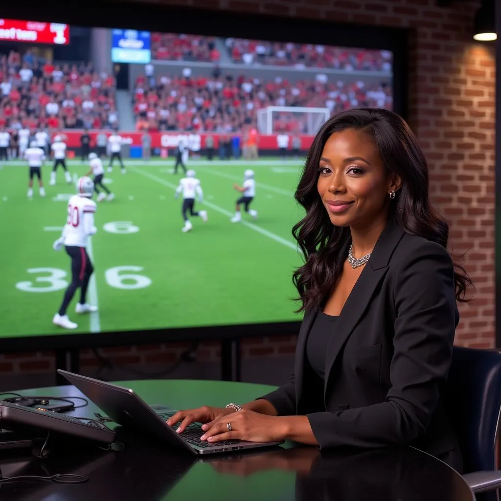 Black female sports anchor presenting live during a college football game