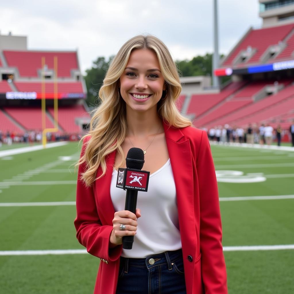 Vietnamese female sportscaster hosting a college football show