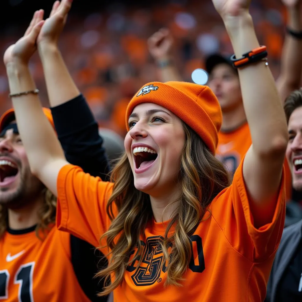 Oregon State football fans cheering in the stands.