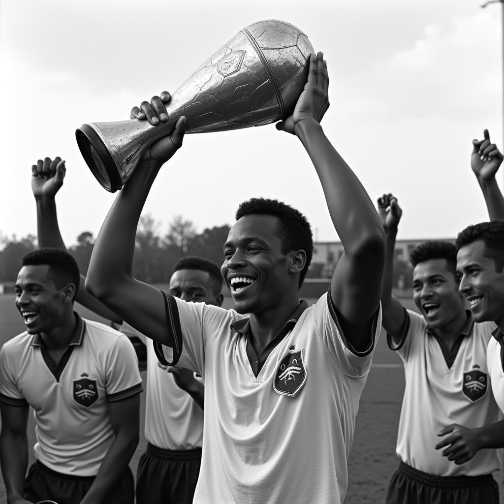 Pelé celebrates with the World Cup trophy