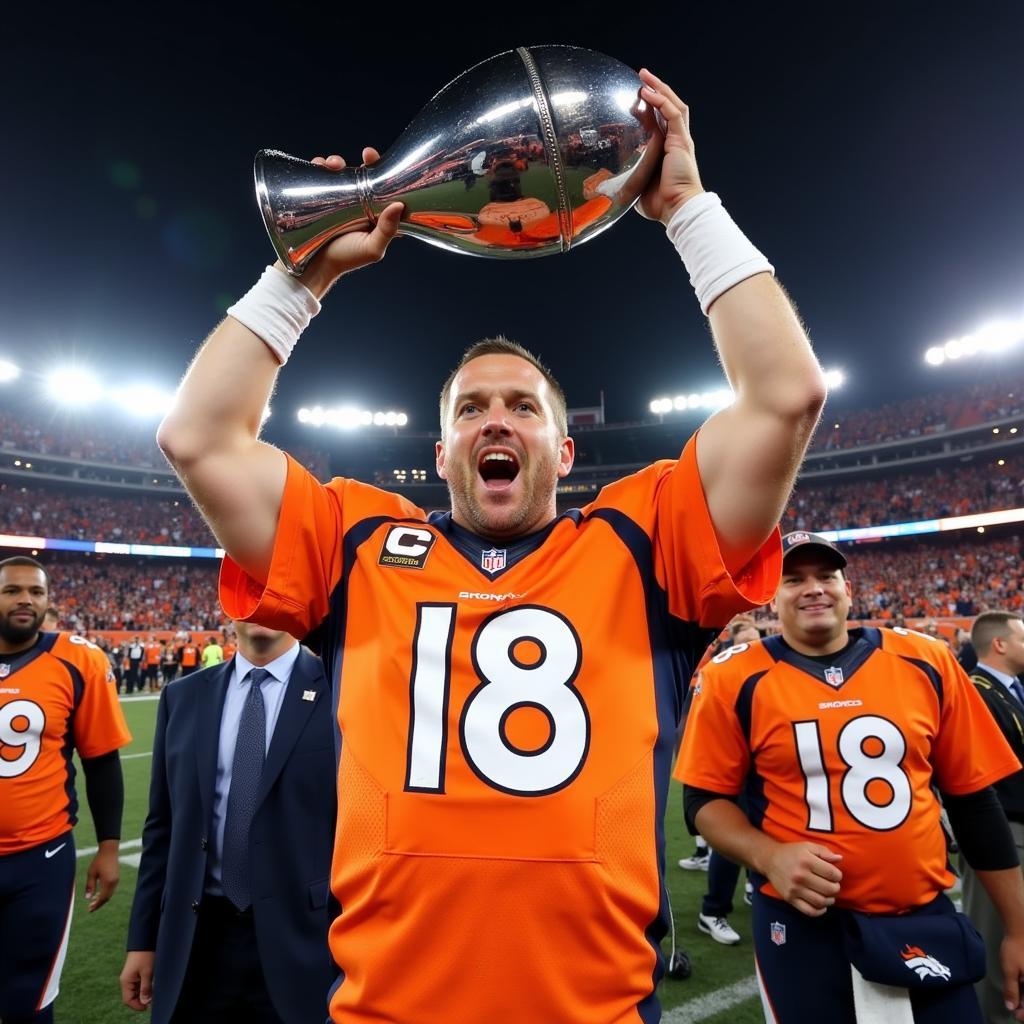 Peyton Manning celebrates with the Lombardi Trophy after Super Bowl 50